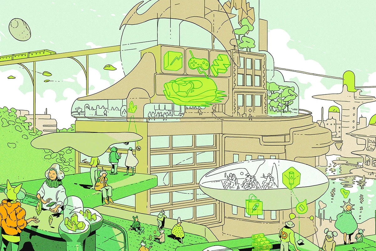 Robinhood future-focused line illustration: Future city ecosystem